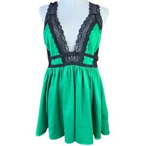 Fredericks of Hollywood Womens Green Satin & Black Lace Babydoll Top XL Coquette